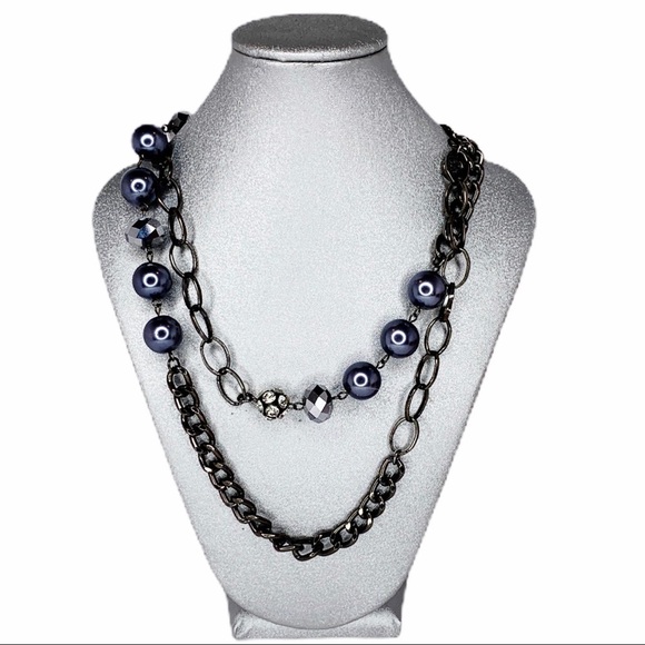 STATEMENT PIECE Necklace Long chain Beads Rhinestones Dark charcoal Silver Blue - Picture 1 of 3
